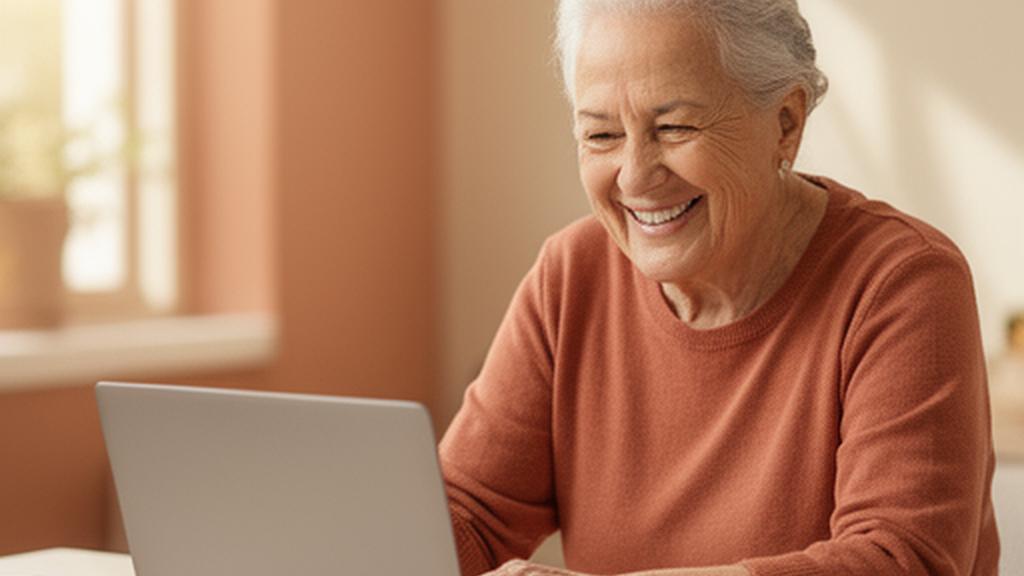 Smiling senior using a laptop comfortably during a lesson at Keen Knowledge Group in Singapore